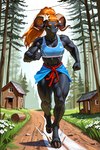 abs accessory anthro blue_top bottomless building clothed clothing crop_top female flower flower_in_hair forest forest_background forest_path hair hair_accessory hooves horn house house_in_background nature nature_background orange_hair orange_pubic_hair plant ponytail running shirt solo topwear tree copeq brita_eng bovid caprine goat mammal
