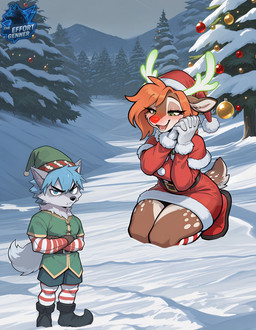 anthro antlers biped blue_eyes blue_hair blush boots bottomwear breasts brown_body brown_fur christmas christmas_clothing christmas_headwear clothed clothing costume duo evergreen_tree female fingers footwear forest fur gloves green_eyes grey_body grey_fur hair handwear hat headgear headwear holidays horn kneeling larger_female legwear looking_at_viewer male male/female markings married_couple open_mouth outside pattern_clothing pattern_legwear pine_tree plant red_clothing red_hat red_headwear red_nose santa_costume santa_hat shorts size_difference smile snow striped_clothing stripes tail teeth tree thebigbradwulf brad_wulf_(thebigbradwulf) rudy_(thebigbradwulf) canid canine canis capreoline cervid mammal new_world_deer reindeer wolf digital_media_(artwork) hi_res