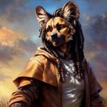 accessory african_wild_dog anthro canid canine cloak clothing coat dreadlocks ear_piercing ear_ring gibbyensign gold_eyes hair_accessory male mammal piercing ring_piercing shirt sky solo topwear