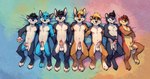 abstract_background anthro balls big_balls bird's-eye_view blue_eyes erection fur genitals gradient_background group hands_behind_back high-angle_view humanoid_genitalia humanoid_penis lineup looking_at_viewer lying male multicolored_body multicolored_fur on_back penis simple_background slightly_chubby smile smirk take_your_pick vein veiny_penis zerpl canid canine fox hybrid mammal mustela mustelid musteline true_musteline absurd_res hi_res painting_(artwork) traditional_media_(artwork) watercolor_(artwork)