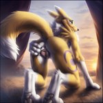 absurd_res anatomically_correct anatomically_correct_genitalia animal_genitalia animal_pussy anthro anus blue_eyes butt canid canine canine_genitalia canine_pussy digimon_(species) female fur genitals hi_res looking_back mammal neck_tuft nenvul nude paws presenting pussy raised_tail renamon seductive smile solo tuft white_body white_fur yellow_body yellow_fur