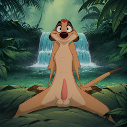 animal_genitalia animal_penis anthro balls erection genitals jungle looking_at_viewer male outside penis sitting smile smiling_at_viewer solo spread_legs spreading tapering_penis toony waterfall aksel disney the_lion_king timon hi_res
