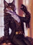 2022 absurd_res anthro black_nose brown_body brown_fur canid canine canis clothed clothing cynfall_northcote ear_piercing fur hi_res inner_ear_fluff jewelry looking_at_viewer male mammal multicolored_body piercing solo steampunk suit tuft victorian white_body white_fur wolf yellow_eyes