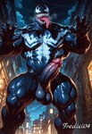 balls black_body bodily_fluids claws finger_claws genitals looking_at_viewer male muscular nude penis sharp_teeth solo teeth tredici04 venom_(marvel) humanoid hi_res