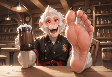 alcohol anthro beer beverage feet foot_fetish foot_focus fur male mug red_eyes solo tavern white_body white_fur takeshi takeshi_(character) ape haplorhine humanoid mammal monkey primate hi_res