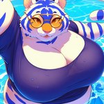 anthro belly big_belly big_breasts blackgum blue_body blue_fur breasts cheek_tuft eyewear facial_tuft felid female fur glasses inner_ear_fluff mammal open_mouth overweight pantherine partially_submerged pool selfie smile solo stripes tiger tuft white_body white_fur