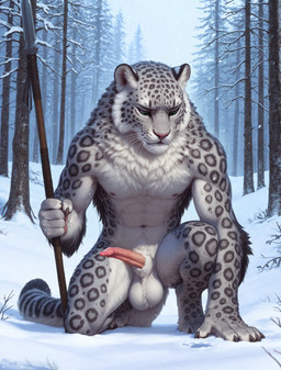 5_fingers abs animal_genitalia animal_penis anthro arm_tuft ball_tuft balls biceps big_balls black_body black_fur black_tail_tip black_tuft body_hair branch cheek_tuft chest_tuft clawed_hands claws crotch_tuft digitigrade dipstick_tail facial_tuft feline_genitalia feline_penis fingers foot_tuft footprint fur genitals green_eyes grey_body grey_fur happy_trail holding_object holding_spear holding_weapon hunting inner_ear_fluff kneeling_on_ground leather_straps looking_at_object looking_down male markings medial_ring melee_weapon multicolored_body multicolored_fur muscular muscular_anthro muscular_male muscular_thighs navel neck_tuft nipples obliques pawpads pawprint pecs penile_spines penis pink_nipples pink_nose plant polearm serratus sheath_tuft snow snow_on_branches snow_on_ground snowing solo spear spots spotted_markings tail tail_markings toe_claws tree tuft uneven_balls vein veiny_penis weapon whisker_markings whiskers white_body white_fur white_tuft winter knotanotherfurry felid mammal pantherine snow_leopard 2025 absurd_res hi_res