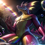 absurd_res anthro balls bubble claws genitals hi_res leviathan_(mh) male mizutsune monster_hunter multicolored_penis outside pecs penis pup_tobey rainbow rainbow_penis scales scalie solo water