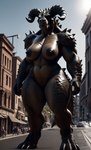 absurd_res anthro black_nipples breasts deathclaw fallout female genitals hi_res horn huge_filesize macro monster nipples non-mammal_breasts non-mammal_nipples pussy red_eyes scales solo standing thick_thighs