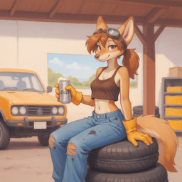 alcohol anthro beer beverage beverage_can biped blue_bottomwear blue_clothing blue_pants bottomwear breasts brown_clothing brown_eyes brown_hair can car chest_tuft clothed clothing container countershade_face countershade_neck countershade_torso countershading crop_top denim denim_bottomwear denim_clothing detailed_background dirty dirty_clothing eyebrows eyelashes eyewear eyewear_on_head female female_anthro fingers fully_clothed fur gloves goggles goggles_on_head hair handwear holding_object inner_ear_fluff inside jeans long_hair looking_at_viewer mechanic midriff multicolored_body navel oil pants ponytail shirt sitting slim small_breasts smile smiling_at_viewer solo tail tan_body tan_fur tank_top tire tools topwear torn_bottomwear torn_clothing torn_jeans torn_pants tuft vehicle white_body white_fur wrench verbotenvertex canid canine canis fox mammal wolf hi_res portrait
