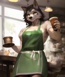 anthro apron beverage black_nose canid canine canis cheek_tuft clothed clothing coffee container cup depth_of_field facial_tuft female front_view fur hair hi_res holding_object looking_at_viewer mammal orange_eyes pikaflufftuft portrait shaded smile solo standing tuft watermark white_body white_fur wolf