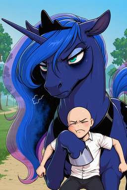 annoyed bags_under_eyes collared_shirt crown duo female feral horn jewelry larger_female male necklace raised_leg regalia size_difference slacks smaller_male wings anonymous_director friendship_is_magic my_little_pony anon princess_luna_(mlp) equid equine human mammal winged_unicorn absurd_res hi_res