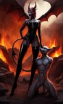 anthro armwear choker clothing corset demon dominant dominant_female duo evil_grin female fire footwear high_heels jewelry kneeling legwear lingerie lurktime_(director) male male/female necklace nude rubber rubber_clothing smile stockings tight_clothing topwear