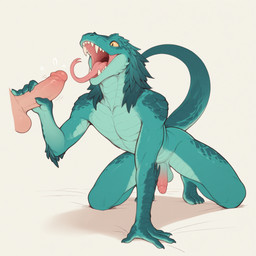 anthro balls bodily_fluids crouching disembodied_penis duo fangs feathers forked_tongue genitals half-erect human_on_anthro imminent_oral imminent_sex interspecies male male/male open_mouth penis penis_grab sabertooth_(anatomy) sweat sweatdrop teeth tongue latentspaceman human lizard mammal reptile scalie hi_res