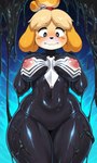 anthro breasts female looking_down low-angle_view nipples sad simple_background solo transformation dcx32 animal_crossing marvel nintendo isabelle_(animal_crossing) she-venom symbiote hi_res tagme