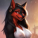 anthro black_body black_fur canid canine canis female fur looking_at_viewer mammal portrait red_body red_eyes smile solo wolf zoe_(nnecgrau)