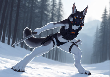 anthro belt big_tail black_body black_claws black_clothing black_panties black_underwear claws clothing female fighting_pose fist fluffy_body forest gas_mask holding_object holding_weapon holster knife mask orange_eyes panties paws plant pose slim_body snow solo tactical_gear tail thick_thighs thigh_strap topwear tree underwear vest weapon white_body wide_hips auykac canid canine canis jackal mammal absurd_res hi_res