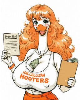 anthro big_breasts bracelet breasts clipboard clothing crop_top cross cross_necklace female hooters huge_breasts jewelry money necklace nipple_outline shirt smile solo topwear waitress arantonak anatid anseriform anserinae avian bird goose hi_res
