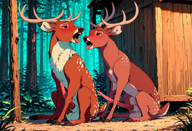 animal_genitalia animal_penis antlers balls bodily_fluids cervine_genitalia cervine_penis dripping duo erection feral fur genital_fluids genitals hooves horn male male/male penile penis plant presenting scut_tail short_tail tail tongue tree diddlier cervid cervine mammal hi_res