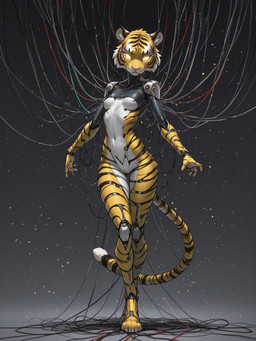 5_fingers anthro female fingers fur glowing glowing_eyes machine metal metallic_body robot_joints robotic robotic_arms robotic_body robotic_legs solo stripes tail wire yellow_body yellow_eyes yellow_fur dragonflame e6ai mascot_2025 felid mammal pantherine robot tiger hi_res