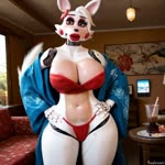 anthro asian_clothing big_breasts bodily_fluids breasts clothing curvaceous curvy_figure east_asian_clothing female fundoshi huge_breasts japanese_clothing kimono machine pubes solo sweat underwear voluptuous vlrgromns mangle_(fnaf) animatronic canid canine fox mammal robot animated webm