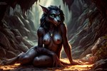 big_breasts black_body black_fur blizzard_entertainment blood bodily_fluids breasts canid canine cave female front_view fur green_eyes humanoid kauket kauket_blackmoore mammal nipples nude outside sitting solo warcraft were werecanid werecanine worgen world_of_warcraft