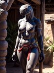 alien black_nipples bottomwear bottomwear_aside breasts clothing clothing_aside female genitals grey_body grey_scales halo_(series) hi_res humanoid jewelry loincloth loincloth_aside looking_away marcus64 navel nipples pussy sangheili scales solo standing tribal tribal_jewelry