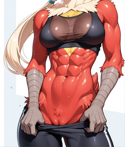 anthro athletic athletic_female black_bottomwear black_clothing black_pussy black_topwear blonde_hair bodily_fluids bottomwear breasts clothed clothing crop_top feathers female genitals glistening glistening_body hair legwear lips long_hair looking_at_viewer muscular narrowed_eyes navel non-mammal_breasts pants pussy red_body red_skin seductive shirt simple_background small_waist solo sweat tail_feathers topwear translucent translucent_clothing tuft undressing white_background yellow_body yellow_skin yoga_pants shark_enthusiast nintendo pokemon avian blaziken generation_3_pokemon humanoid pokemon_(species) colored hi_res