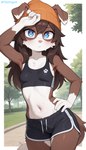 anthro blue_eyes blush bodily_fluids bottomwear breasts brown_body brown_fur brown_hair claws clothed clothing crop_top female floppy_ears fur hair hand_on_hip long_hair multicolored_body multicolored_fur nature nature_background navel outside park pink_nose shirt shorts small_breasts solo sweat sweaty_body tail topwear tuft two_tone_body two_tone_fur two_tone_tail white_body white_fur kaltingale_(director) katie_(kaltingale) border_collie canid canine canis collie domestic_dog herding_dog mammal pastoral_dog sheepdog hi_res