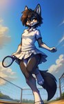 anthro black_body black_fur black_hair bottomwear breasts clothing digitigrade female fur hair low-angle_view medium_breasts open_mouth short short_hair skirt sky smile solo tennis tennis_racket white_body white_fur yellow_eyes syrvil alyssa_(syrvil) canid canine mammal hi_res