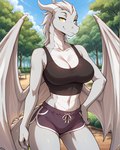 anthro athletic athletic_female athletic_wear big_breasts bottomwear bra breasts cleavage clothed clothing detailed_background female hand_on_hip horn looking_at_viewer membrane_(anatomy) membranous_wings midriff mythology navel non-mammal_breasts outside plant shirt shorts sky smile solo sports_bra standing tank_top topwear tree underwear wing_claws wings yellow_eyes anontk twokinds lady_nora_(twokinds) dragon mythological_creature mythological_scalie scalie western_dragon hi_res