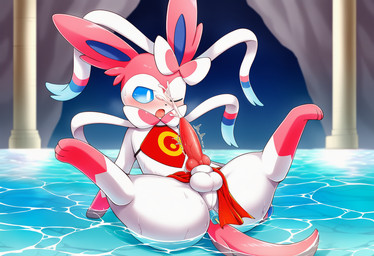 anal anal_penetration animal_genitalia animal_penis anus asian_clothing balls blue_eyes blush bodily_fluids bottomwear bottomwear_aside butt canine_genitalia canine_penis cave chinese_clothing clothed clothing clothing_aside cum cum_on_body cum_on_face cum_on_own_face cum_on_self cumshot dudou east_asian_clothing ejaculation erection feet femboy feral fur genital_fluids genitals knot loincloth loincloth_aside looking_at_viewer male one_eye_closed open_mouth penetration penis pink_body pink_fur presenting ribbons solo spread_legs spreading water white_balls white_body white_fur jomisa nintendo pokemon canid canine eeveelution generation_6_pokemon mammal pokemon_(species) sylveon digital_media_(artwork)