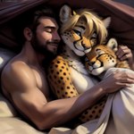 absurd_res anthro bed black_spots blonde_hair blue_eyes breasts canineluvr19 cheetah clean clothed clothing colored countershading cuddling facial_hair family felid feline female fur furniture group hair happy hi_res human human_on_anthro interspecies male male/female mammal offspring parenting relaxed shirtless_anthro shirtless_male side_boob sleeping smile spots spotted_body spotted_fur topless trio whiskers white_body white_countershading yellow_body yellow_fur