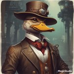 anthro beak brown_eyes clothed clothing day hat headgear headwear jacket male orange_beak outside shirt solo steampunk topwear vest white_body cow_of_fire anatid anseriform avian bird duck