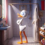 3d_(artwork) anatid anonymous_director anseriform anthro avian bing_image_creator bird breasts butt covering covering_breasts curtains_open daisy_duck digital_media_(artwork) disney duck eyes_closed feathers female hair light membrane_(anatomy) non-mammal_breasts nude open_mouth shower showering side_view solo standing sunlight water webbed_feet wet_hair white_body white_hair