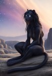 ai_tagging_(redrocket) anthro black_body black_fur black_hair black_nose blue_eyes breasts cliff cloudy detailed_background digitigrade featureless_breasts feet female fur fur_markings glowing glowing_eyes glowing_markings hair hill markings meditating mountains nude outside plant rock sitting sky solo star starry_sky tasteful_nudity toes twilight whiskers director_crashbandit felid mammal pantherine digital_media_(artwork) hi_res novelai