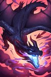 belly black_body black_scales blue_eyes fangs feral flying glowing glowing_mouth grey_belly horn hunting male open_mouth scales smoke solo spines teeth wings loganth dragon hi_res