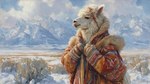 anthro black_eyes cloak clothing cloud coat colorful_clothes female fur handwear hat headgear headwear hood mittens mountains orange_eyes peruvian_coat pink_nose red_tail river sky snow solo solo_focus tail topwear white_body white_fur winter wool_clothing wool_coat wool_hat wool_headwear bahufaru camelid llama mammal hi_res painting_(artwork) traditional_media_(artwork)