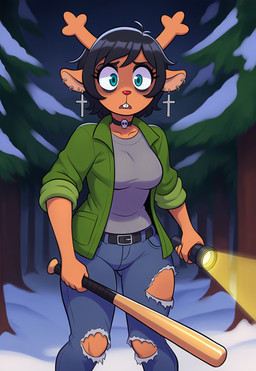 anthro antlers baseball_bat bat_(object) bodily_fluids bottomwear breasts choker clothed clothing cross denim denim_clothing ear_piercing evergreen_tree eyeliner female flashlight forest forest_background fully_clothed green_clothing green_eyes horn jeans jewelry makeup nature nature_background necklace nervous nervous_sweat night open_mouth pants piercing pine_tree plant small_breasts snow solo sweat torn_bottomwear torn_clothing torn_jeans torn_pants tree yasuhikonsfw deltarune undertale_(series) dess_holiday cervid mammal hi_res