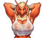 anthro armpit_showing bodily_fluids breasts cleavage clothed clothing confident female hands_behind_head looking_at_viewer muscular muscular_female neck_tuft nipple_outline pokemon presenting presenting_breasts smile solo sweat sweating_profusely sweaty_body sweaty_breasts sweaty_face tanktop tight_clothing translucent translucent_clothing tuft wet wet_clothing anonymous_director blaziken generation_3_pokemon pokemon_(species) hi_res