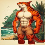 5_fingers abs anthro beach biceps big_abs big_biceps big_deltoids big_forearm_muscles big_muscles big_pecs big_quads big_trapezius big_triceps biped black_pupils blue_eyes blue_sclera bottomwear broad_shoulders brown_body brown_markings brown_skin brown_stripes bulge clothed clothed_anthro clothed_male clothing countershade_arms countershade_face countershade_neck countershade_skin countershade_tail countershade_torso countershading curved_tail dall-e_3 day deltoids detailed_background dorsal_fin fin fingers fist forearm_muscles forest forest_background front_view gills grin grinning_at_viewer huge_abs huge_biceps huge_deltoids huge_forearm_muscles huge_muscles huge_pecs huge_triceps humanoid_hands jungle light light_body light_skin looking_at_viewer male markings monotone_bottomwear monotone_clothing monotone_shorts multicolored_body multicolored_skin multicolored_tail muscular muscular_anthro muscular_arms muscular_male muscular_thighs nature nature_background nipples obliques orange_body orange_skin orange_tail outside palm_tree pecs pink_nipples plant pupils quads sand sea seaside serratus sharp_teeth shorts sky slit_pupils smile smiling_at_viewer solo standing striped_body striped_markings striped_skin stripes tan_bottomwear tan_clothing tan_shorts teeth thick_neck topless topless_anthro topless_male trapezius tree triceps water wave white_body white_countershading white_skin white_tail zenithwolf ambient_bird avian bird felid fish hybrid mammal marine pantherine requiem_shark shark tiger tiger_shark 1:1 digital_drawing_(artwork) digital_media_(artwork) hi_res lighting marker_(artwork) portrait shaded three-quarter_portrait traditional_media_(artwork) warm_colors