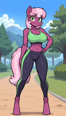 anthro bottomwear bra breasts clothing cloud day eyelashes female grass green_eyes gym_clothing hair hand_on_hip hooves looking_at_viewer navel pants pink_hair plant purple_body smile solo sports_bra standing tail tree underwear thefuncave friendship_is_magic my_little_pony cheerilee_(mlp) equid equine horse mammal pony hi_res