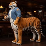 alcohol bar beer beverage bottle bottomless bottomless_male clothed clothing fur furniture inside light male multicolored_body multicolored_fur shirt solo stool striped_body striped_fur stripes topwear torn_clothing torn_topwear two_tone_body two_tone_fur felid mammal pantherine taur tiger animated lighting webm