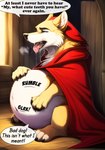 after_vore annoyed_expression belly big_belly bodily_fluids breath clothing drooling feral fur hand_on_stomach hooded_cloak inside male red_clothing saliva solo tan_body tan_fur vore loganth big_bad_wolf little_red_riding_hood canid canine canis domestic_dog mammal comic hi_res