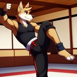 anthro bottomwear brown_body brown_fur brutal_paws_of_fury clothing dojo frosting.ai fur male male_focus missing_tail muscular muscular_anthro muscular_male pants red_eyes shirt smile solo solo_focus topwear candougie kendo_coyote canid canine canis coyote mammal