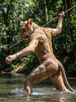 anthro breasts butt female jungle melee_weapon nude outside photorealism polearm side_boob snarling solo spear standing tasteful_nudity tribalcat water weapon felid lion mammal pantherine hi_res