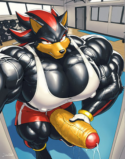 annoyed anthro balls big_balls big_muscles big_penis black_body bodily_fluids bottomwear clothing erection excessive_genital_fluids excessive_precum foreskin genital_fluids genitals gym hand_on_penis huge_balls huge_muscles huge_penis hyper hyper_balls hyper_genitalia hyper_muscles hyper_pecs hyper_penis looking_at_viewer male muscular nipple_outline notimportant penis precum red_eyes selfie shirt shorts solo sweat tank_top topwear touching_penis sega sonic_the_hedgehog_(series) shadow_the_hedgehog eulipotyphlan hedgehog mammal hi_res