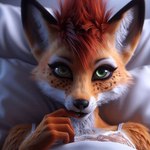 anthro bed bing_image_creator black_claws black_ear_tips black_nose claws female freckles fur furniture green_eyes hair lace lace_bra looking_at_viewer lying lying_on_bed on_bed orange_body orange_fur red_hair solo white_body white_fur kunako canid canine fox mammal