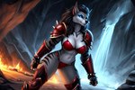 anthro armor blue_eyes breasts canid canine cave cavern cleavage clothed clothing countershade_arms countershade_face countershade_neck countershade_thighs countershade_torso countershading countershading_fur death_knight drakkenfyre female fire fur fur_tuft grey_body grey_fur ice light mammal markings midriff skimpy solo solo_focus striped_body striped_fur striped_markings stripes sunlight tuft unconvincing_armor undead warcraft water waterfall were werecanid werecanine werewolf winter_background worgen world_of_warcraft