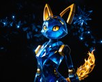 ambiguous_gender anthro black_background blue_body cosmic_background crystal cybernetics fire flaming_tail glistening glistening_body looking_away machine mascot simple_background smile solo standing starry_background three-quarter_view translucent translucent_body yellow_sclera yiffymix_(model) chilon249 esix robot 3d_(artwork) digital_media_(artwork) half-length_portrait hi_res portrait